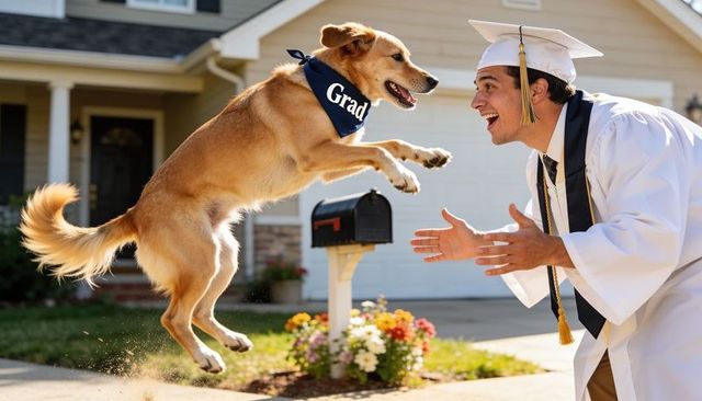 Graduate celebrating with joyful dog leaping in front yard wearing grad bandana