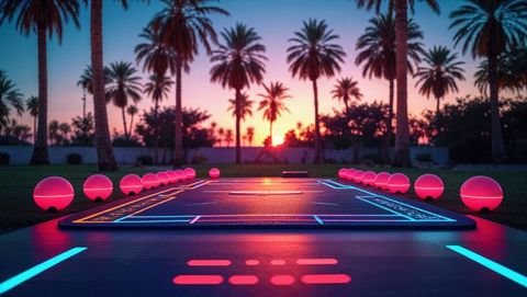 Futuristic Neon Tech Platform on Scenic Garden at Sunset