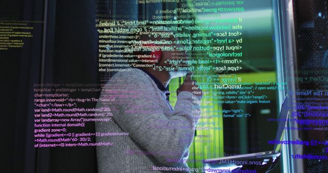 Programmer wearing a gray sweater and white undershirt analyzing lines of code displayed on a transparent screen in a data center. The background features server racks and computers with LED lights. Ideal for use in articles related to technology, IT, cybersecurity, software development, and data management. Perfect for blogs, websites, and presentations highlighting modern technology environments, coding, and network infrastructure.