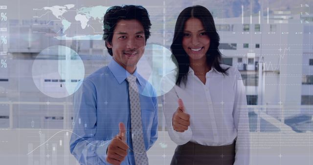 Business Professionals Giving Thumbs Up in Modern Office with Data Overlay - Download Free Stock Images Pikwizard.com