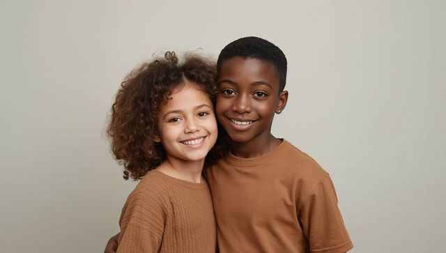 Smiling siblings embracing in neutral studio, warm-tone closeup portrait
