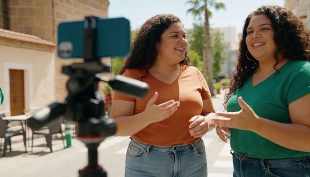 Recording street vlog together: two women laughing and gesturing beside phone on tripod