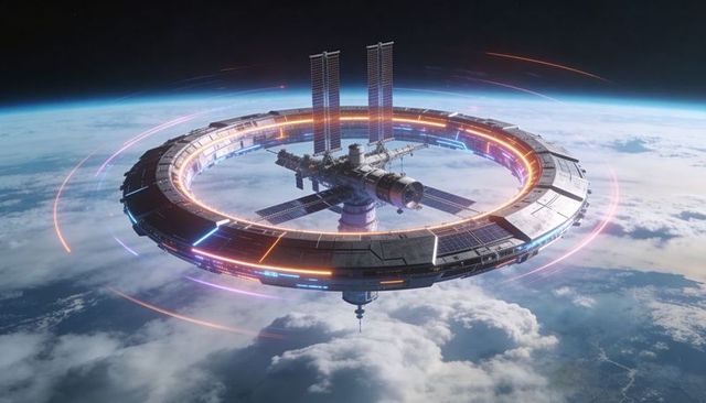 Orbiting ring space station with central hub, solar arrays and neon energy ring over earth