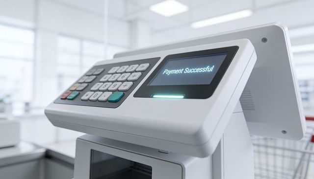 Sleek white pos terminal displaying payment successful message at modern retail checkout