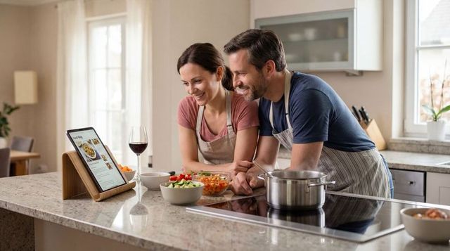 Couple cooking together at modern kitchen island following digital recipe on tablet