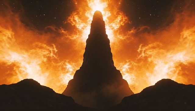 Fiery monolith spire dominating alien plateau, radiating corona and volcanic ash plume