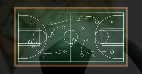 Chalkboard basketball diagram with game strategy
