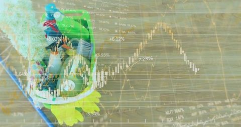 Colorful frog backpack and economic chart overlay