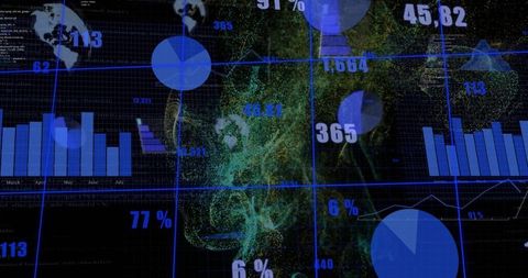 Neon Data Visualization Dashboard with Blue Grid, Pie Charts and Particle Cloud