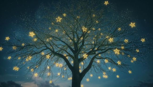Enchanting Tree Illuminated by Star Lanterns at Dusk