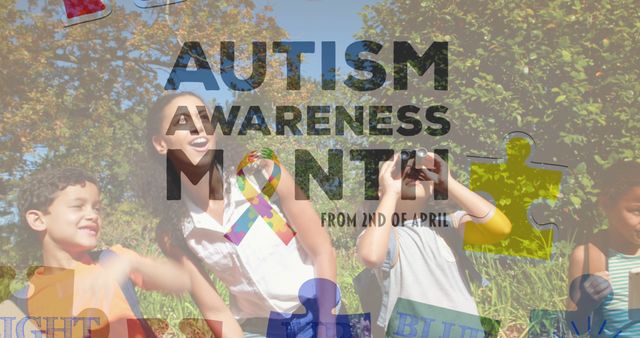 Image of autism awareness text and colorful puzzle pieces over happy playing children. autism, learning difficulties, support and awareness concept digitally generated image.
