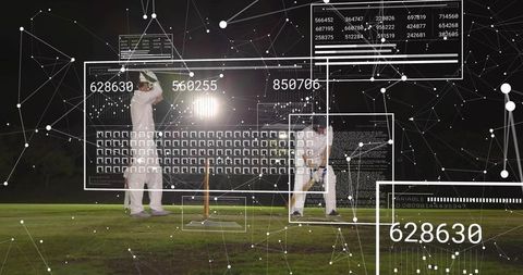Night cricket hud analytics showing batsman at stumps under floodlights on grass pitch