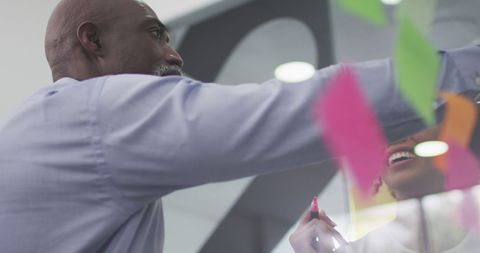 Business professionals brainstorming with notes on transparent board