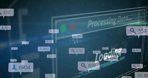 Processing Data Loading HUD with Holographic Analytics Tags and Neon Futuristic Interface