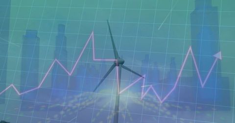 Modern Wind Turbine with Grid Overlay and Zigzag Growth Chart