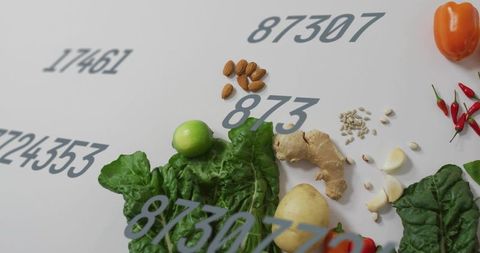 Flat Lay Fresh Produce with Ginger, Potato, Almonds, Seeds and Numeric Overlay