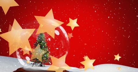 Festive Christmas Tree in Snow Globe with Golden Stars on Red Background