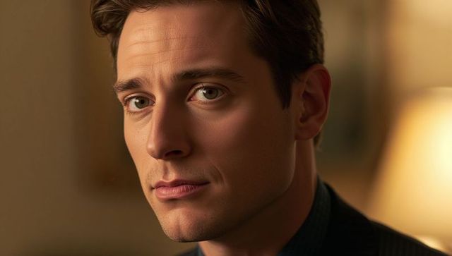 Young professional man gazing contemplatively in warm lamp light wearing pinstripe suit