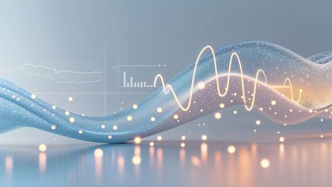 Futuristic particle wave with glowing analytics display