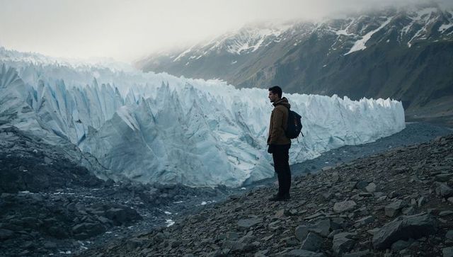 Standing hiker overlooking jagged glacier seracs on rocky moraine under misty alpine sky