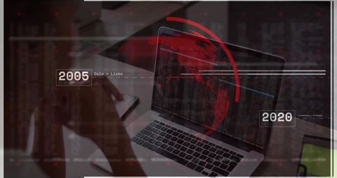 Businesswoman Analyzing Data with High-Tech Overlay in Modern Office