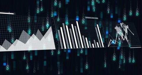 Neon Data Visualization Dashboard with Binary Streams, Bar and Line Grid Charts