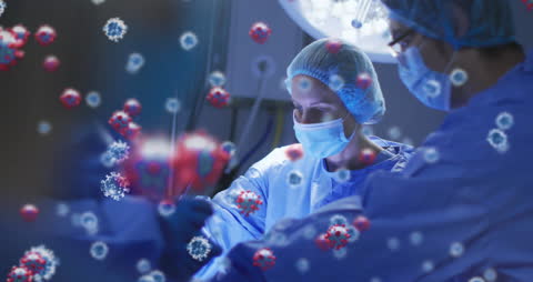 Surgeons Operating with Virtual Virus Animation Overlay