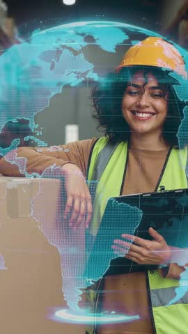Warehouse worker adjusting clipboard as holographic globe appears tracking supply chain