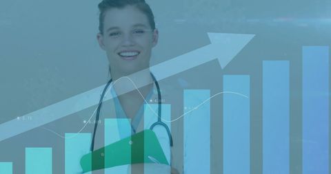 Smiling doctor with healthcare growth statistics background