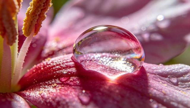 Macro water droplet magnifying pink lily petal texture with pollen and sparkling bokeh