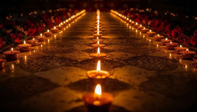 Symmetrical Rows of Glowing Clay Diyas Creating Dramatic Leading Lines and Amber Glow