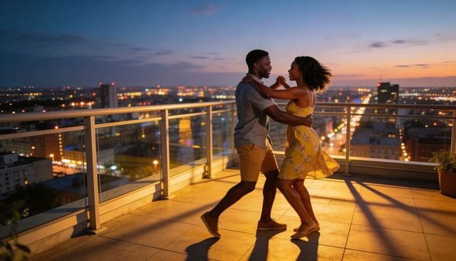 Rooftop sunset dance: romantic young couple twirling on urban balcony at dusk