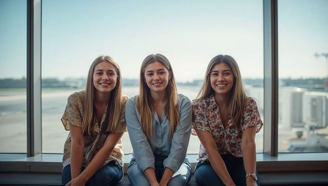 Smiling trio waiting at airport gate in casual tops and jeans, friends traveling together