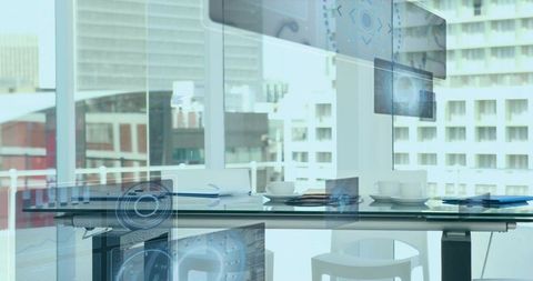 Futuristic office with holographic displays and glass table