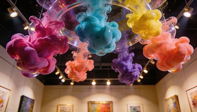 Suspended glass bowls releasing colorful pigment plumes in illuminated gallery installation