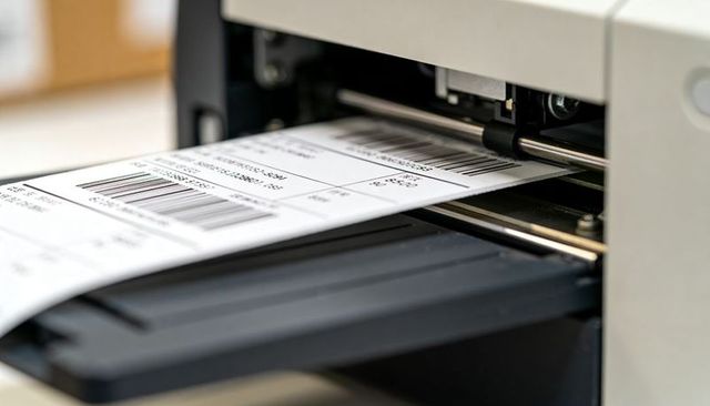Printing thermal shipping labels on desktop label printer with barcode feed roller