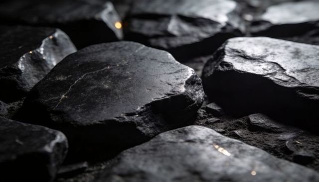 Glossy wet river stones showing scratched texture and reflective flecks