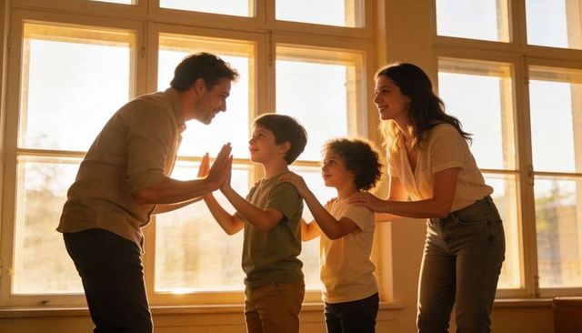 Parents high-fiving children by sunlit window family bonding during golden hour cozy home
