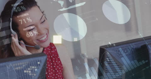 Smiling Call Center Worker with Holographic Financial Graphs