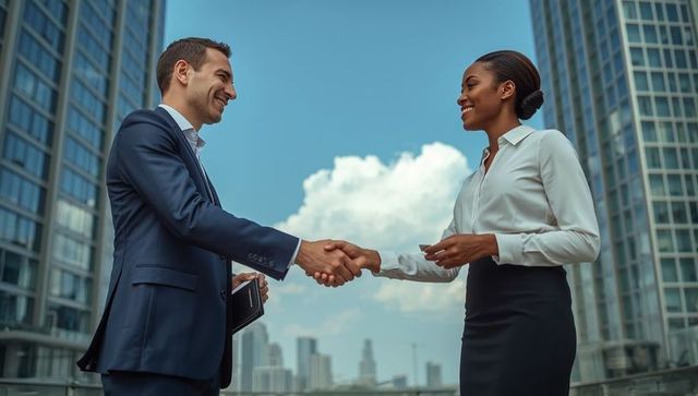 Diverse business professionals shaking hands on rooftop terrace