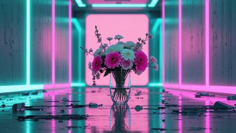 Vibrant Flowers in Neon Lit Futuristic Corridor