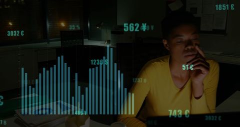 Businesswoman Analyzing Financial Charts in Dark Office