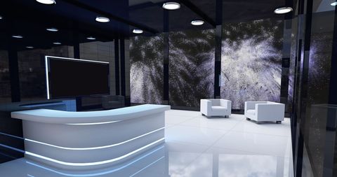 Futuristic Office Reception with Digital Firework Display