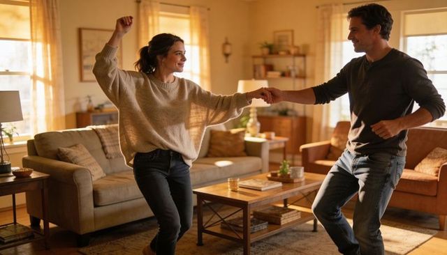 Couple dancing in cozy sunlit living room, sweaters and jeans, intimate home romance