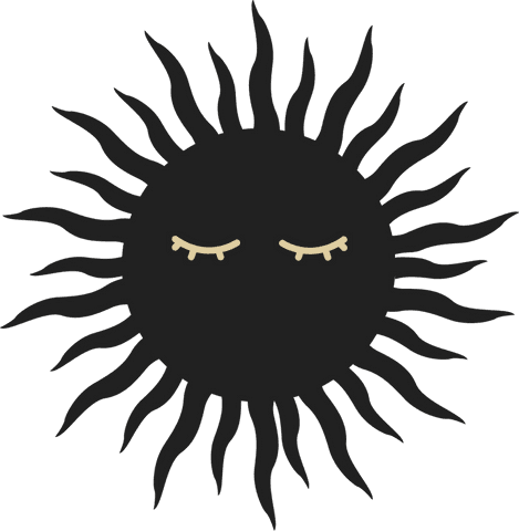 Stylized abstract sun with wavy rays and closed eyes on transparent background