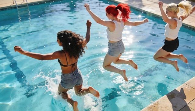 Three women jumping into backyard pool splashing water under bright summer sunlight