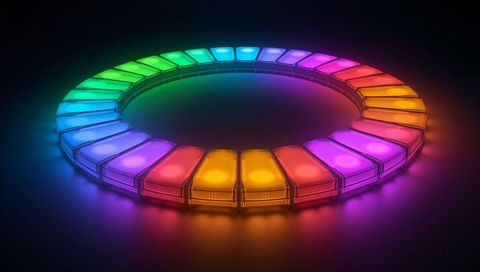 Glowing led ring emitting rainbow spectrum on dark surface with frosted modules
