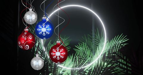 Christmas Neon Circle with Hanging Festive Baubles
