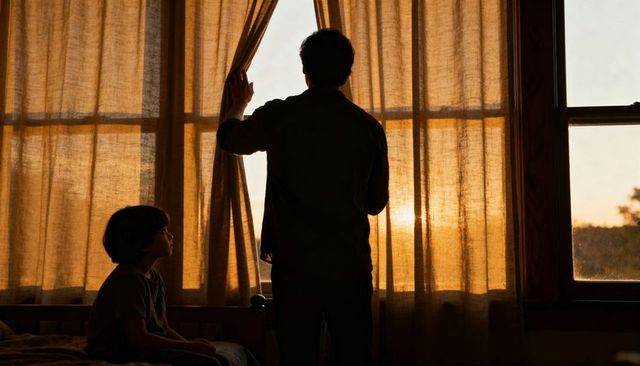 Parent peering through curtains at sunset while child watches from bed silhouette