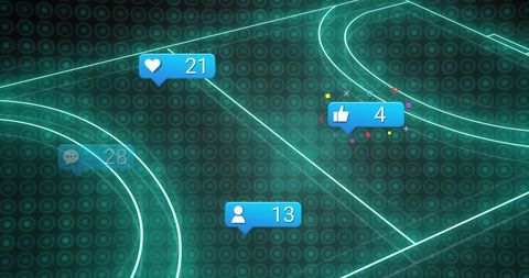 Floating social media elements over neon network grid